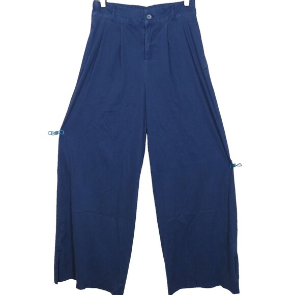 Halara Blue Twill Pleated High Waist Wide Leg Ankle Slit Pants Size Small TALL - Picture 2 of 11